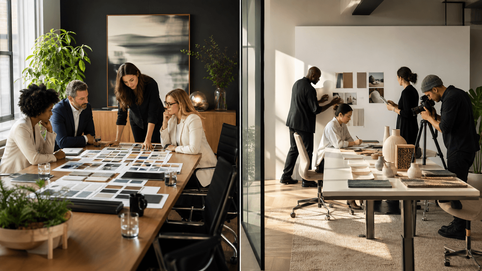 Split-screen office scene contrasting a collaborative agency team with an in-house team at desks, in blue and orange tones.