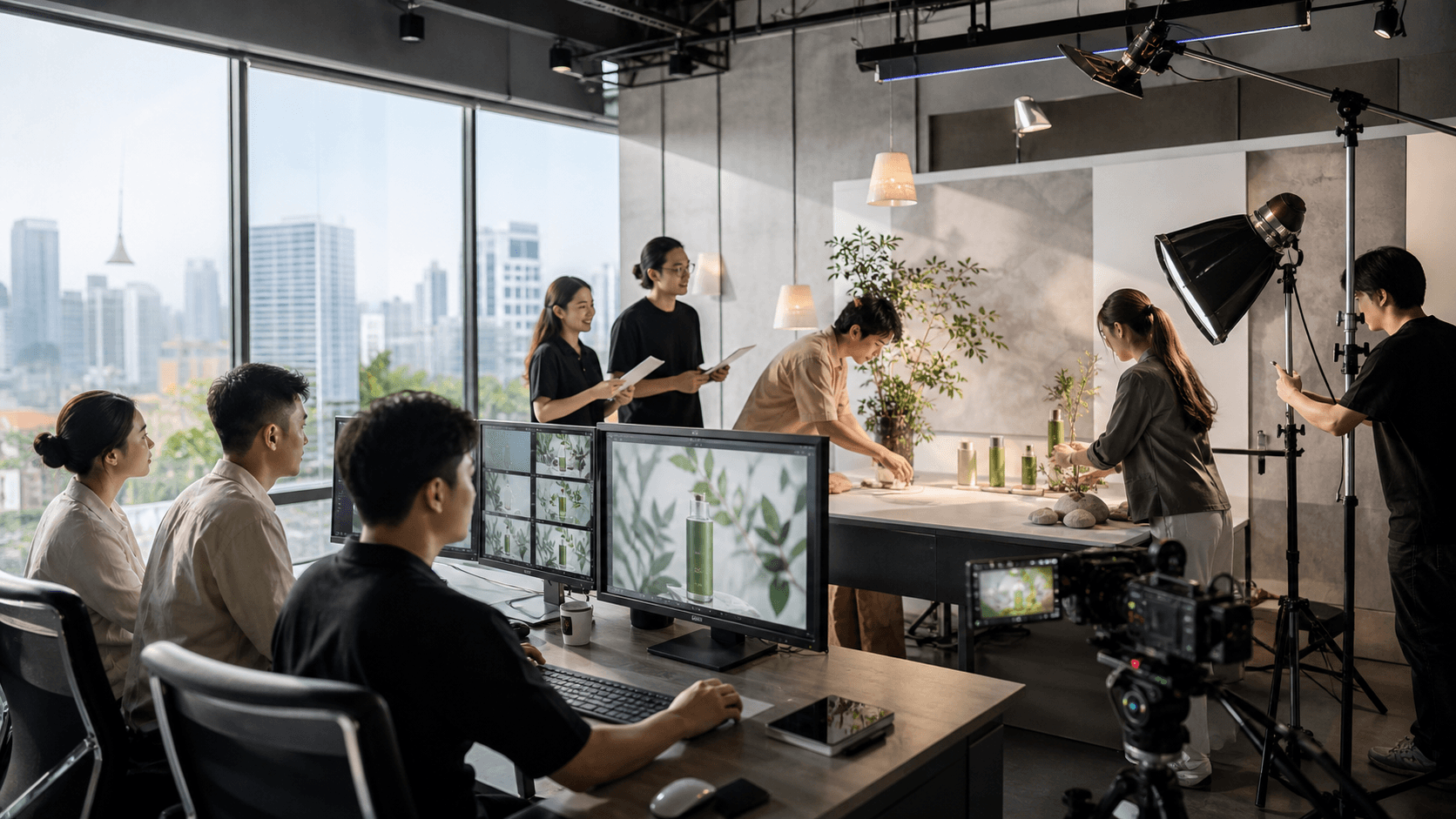 Split-screen office scene shows a Vietnamese team and remote video editors with AI graphics in blue and orange light.